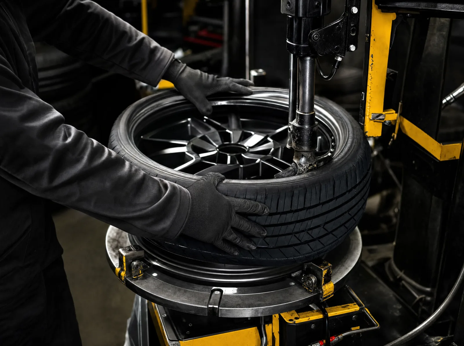 Technician mounting a new tire onto an alloy wheel on the tire machine