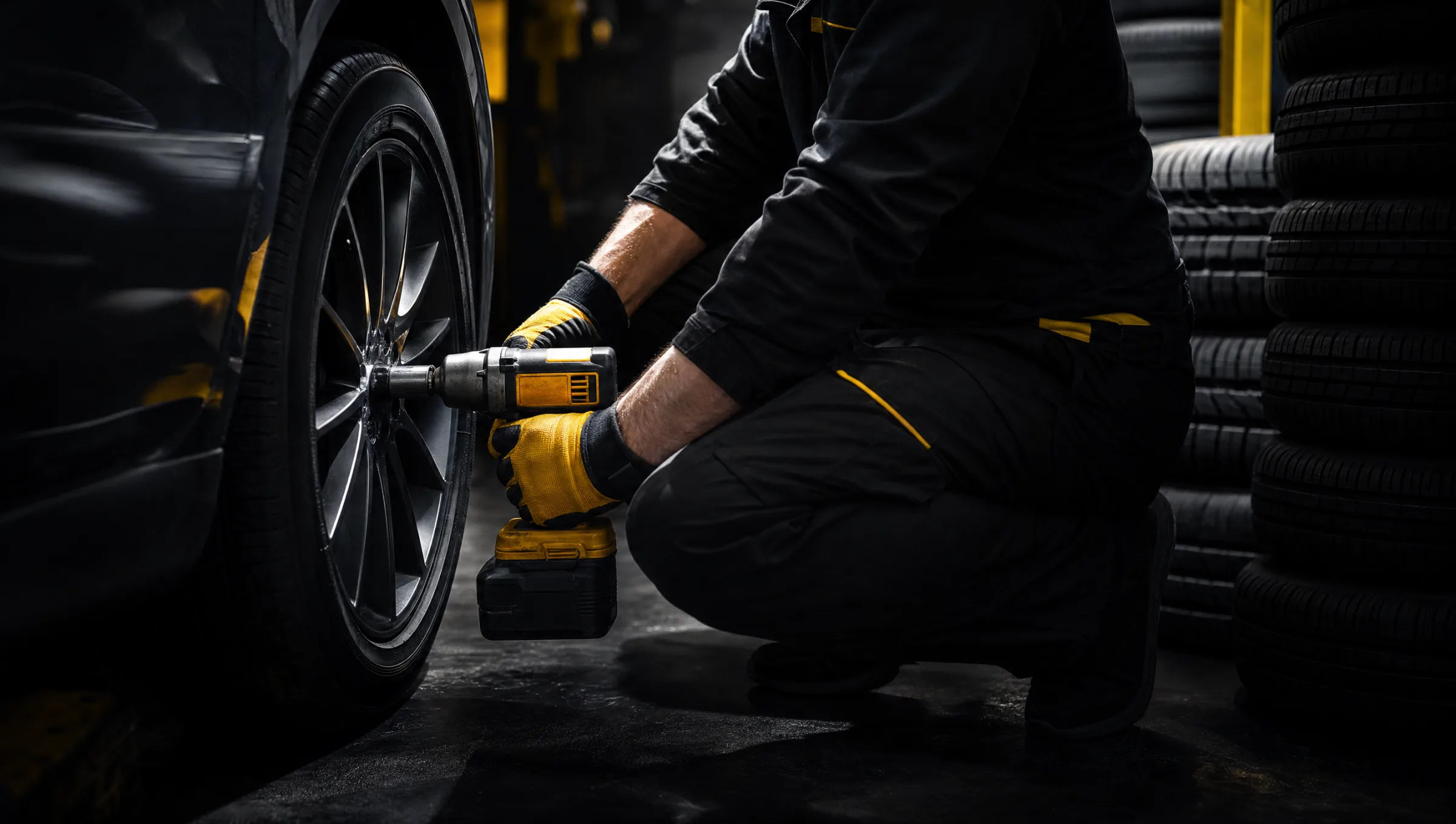 Dark tire shop bay at Tread & True with a fresh set of tires staged under shop lights