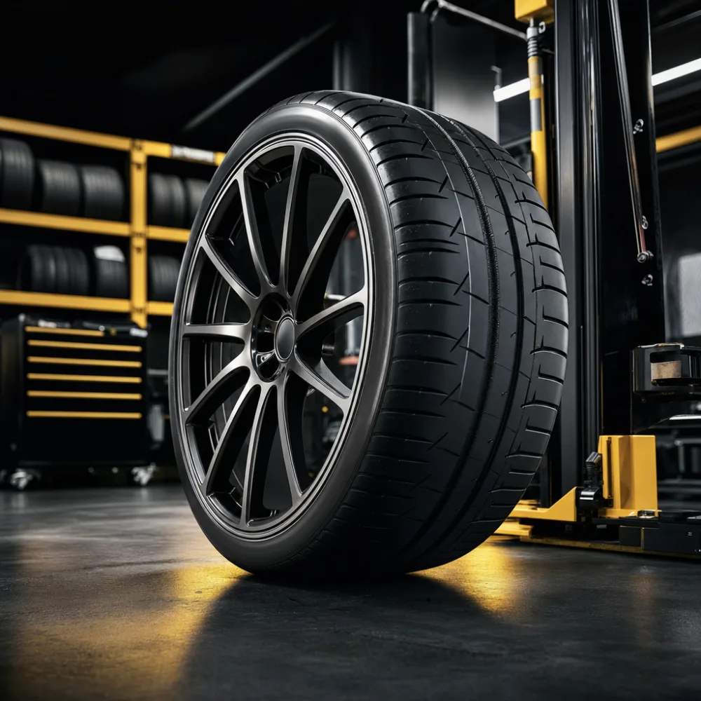 Low-profile performance tire mounted on an alloy wheel