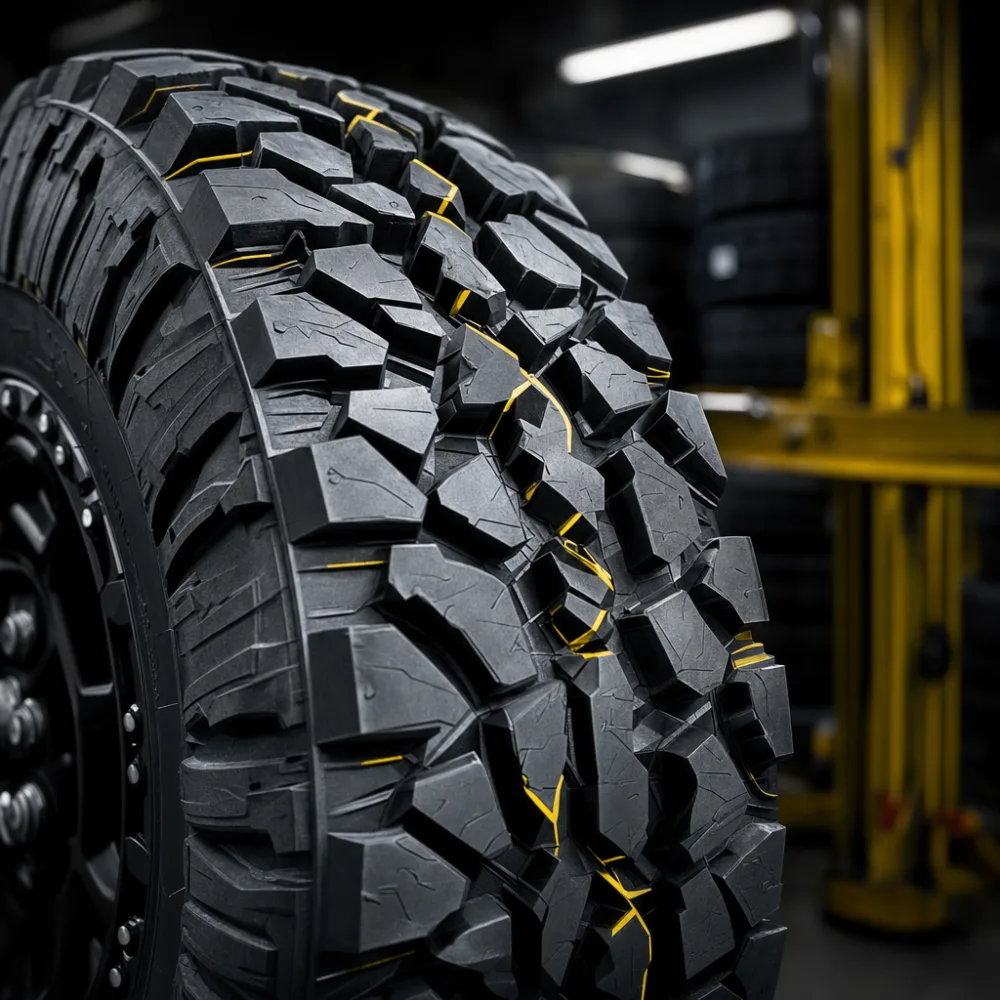 Aggressive all-terrain truck tire on a lifted pickup