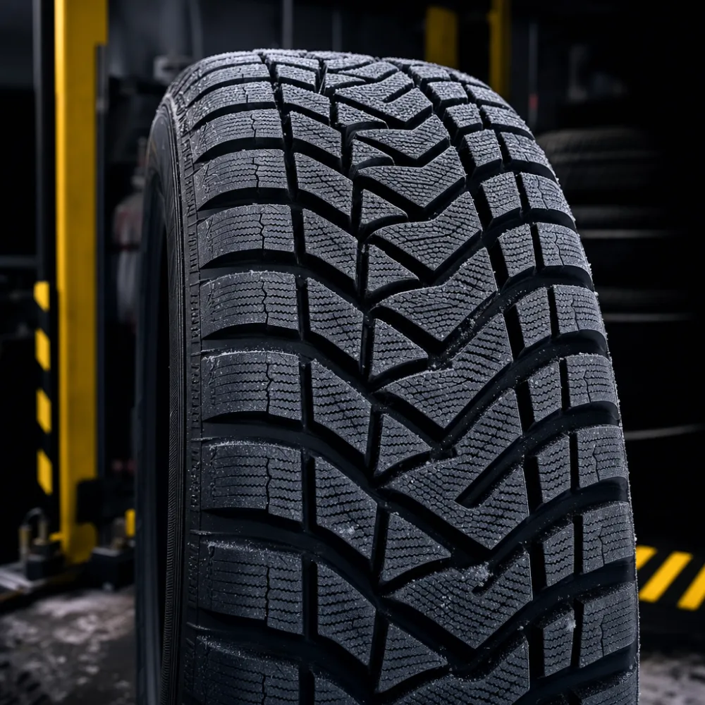 Studless winter tire tread packed with fresh snow